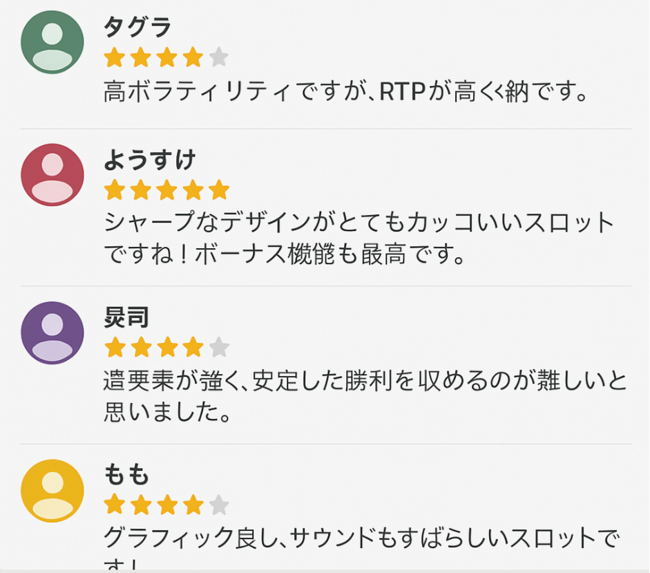 コメント一覧と星評価が並んだレビュー画面のスクリーンショット