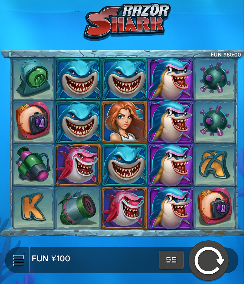 サメのシンボルをフィーチャーしたRazor Sharkのリールとゲームプレイのスクリーンショット